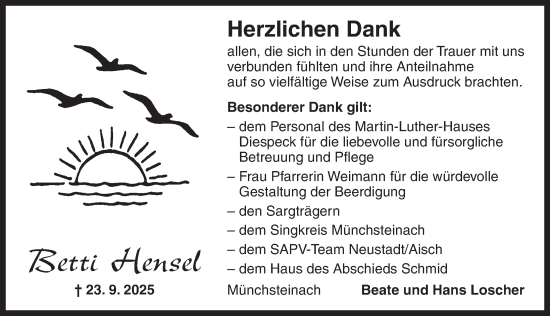 Traueranzeige von Betti Hensel von Neustadt/ Scheinfeld/ Uffenheim