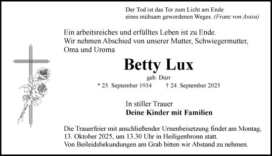 Traueranzeige von Betty Lux von Rothenburg