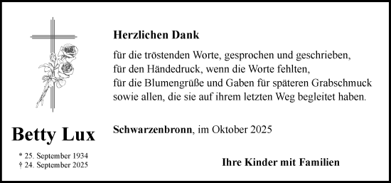 Traueranzeige von Betty Lux von Rothenburg
