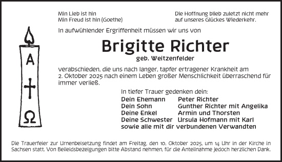 Traueranzeige von Brigitte Richter von Ansbach
