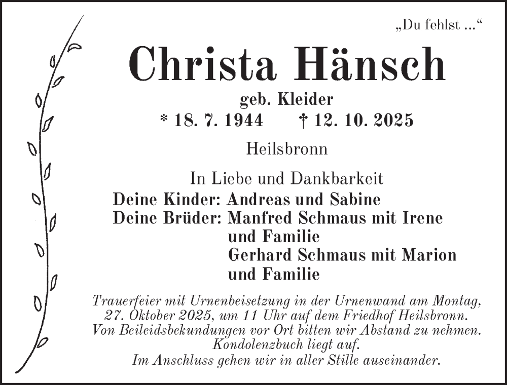  Traueranzeige für Christa Hänsch vom 23.10.2025 aus Ansbach