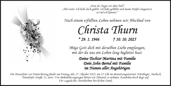 Traueranzeige von Christa Thurn von Ansbach