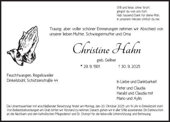Traueranzeige von Christine Hahn von Dinkelsbühl/ Feuchtwangen