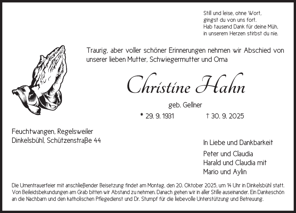  Traueranzeige für Christine Hahn vom 18.10.2025 aus Dinkelsbühl/ Feuchtwangen
