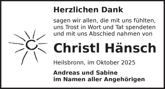 Traueranzeige von Christl Hänsch von Ansbach