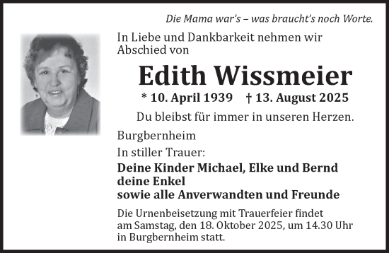 Traueranzeige von Edith Wissmeier von Neustadt/ Scheinfeld/ Uffenheim