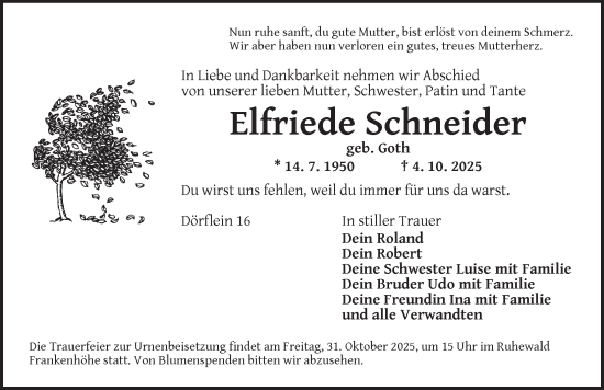 Traueranzeige von Elfriede Schneider von Ansbach
