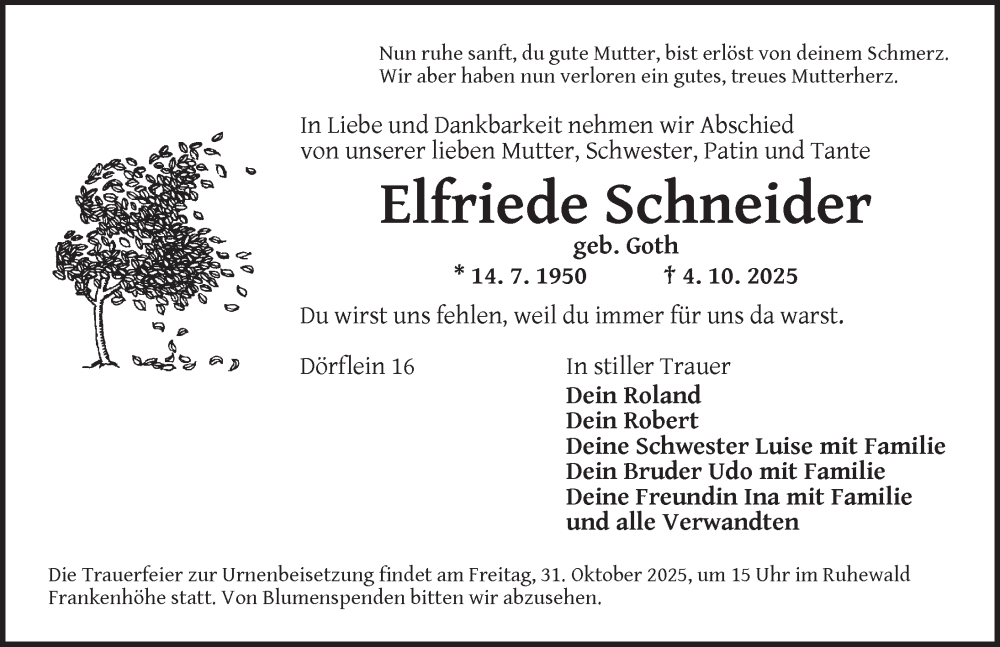  Traueranzeige für Elfriede Schneider vom 28.10.2025 aus Ansbach