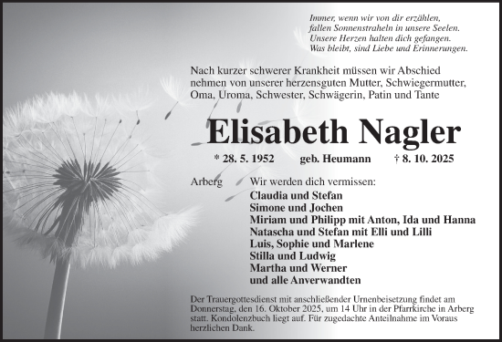 Traueranzeige von Elisabeth Nagler von Ansbach