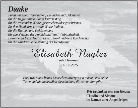 Traueranzeige von Elisabeth Nagler von Ansbach