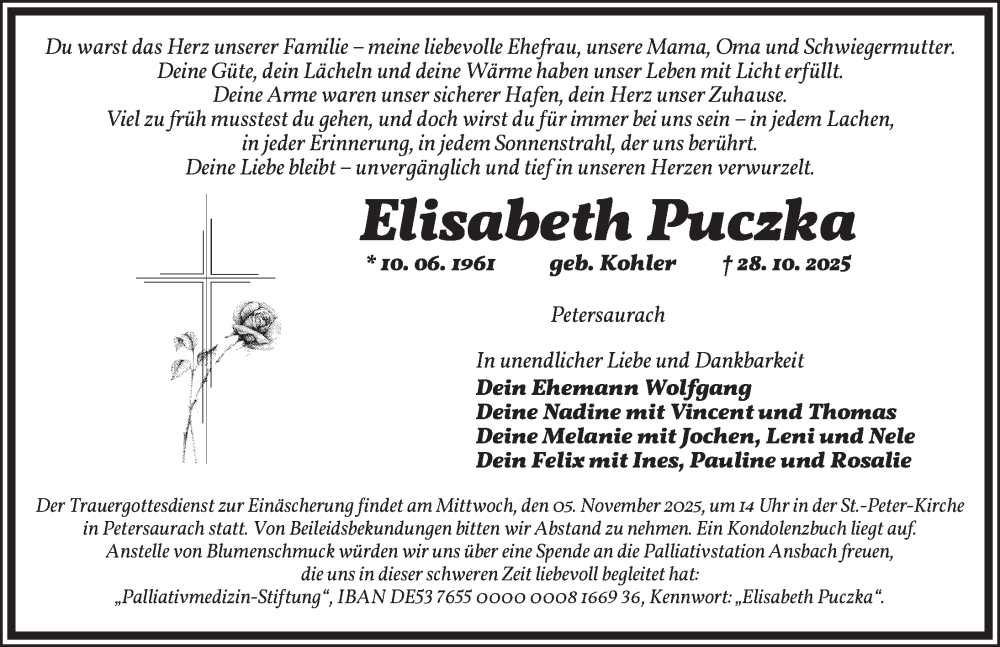  Traueranzeige für Elisabeth Puczka vom 31.10.2025 aus Ansbach