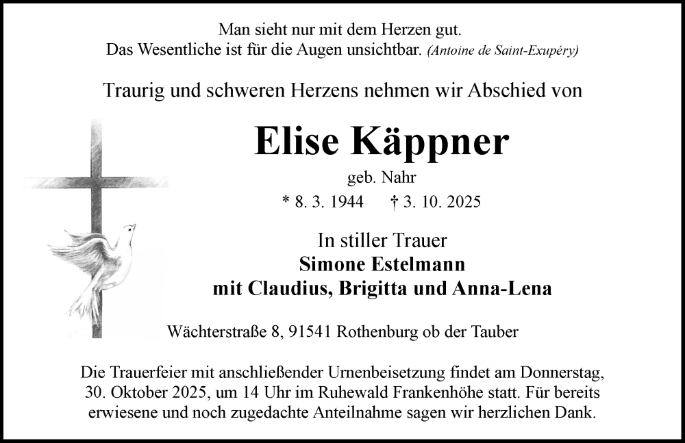  Traueranzeige für Elise Käppner vom 25.10.2025 aus Rothenburg