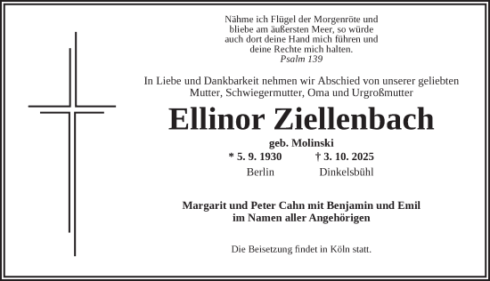 Traueranzeige von Ellinor Ziellenbach von Dinkelsbühl/ Feuchtwangen