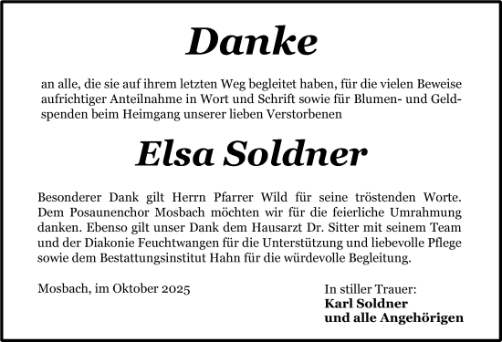 Traueranzeige von Elsa Soldner von Dinkelsbühl/ Feuchtwangen