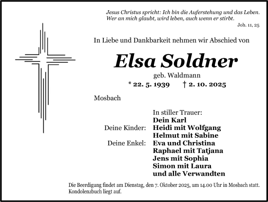 Traueranzeige von Elsa Soldner von Dinkelsbühl/ Feuchtwangen