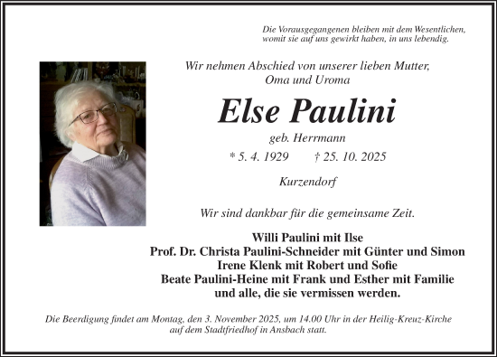 Traueranzeige von Else Paulini von Ansbach