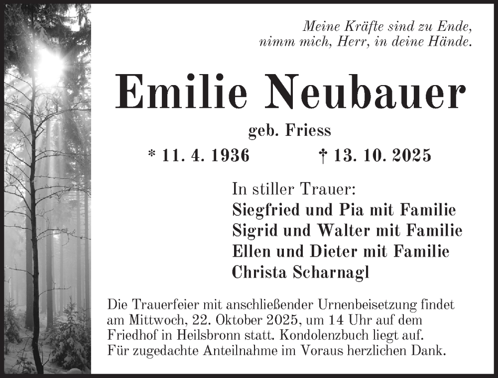  Traueranzeige für Emilie Neubauer vom 21.10.2025 aus Ansbach