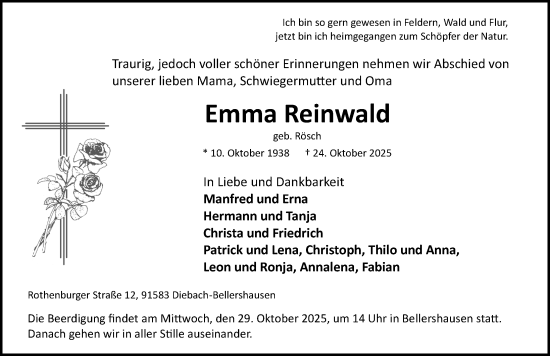 Traueranzeige von Emma Reinwald von Rothenburg
