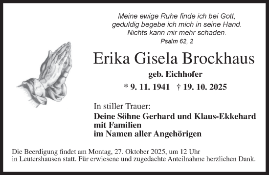 Traueranzeige von Erika Gisela Brockhaus von Ansbach