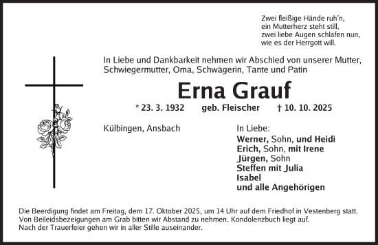 Traueranzeige von Erna Grauf von Ansbach