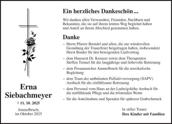 Traueranzeige von Erna Siebachmeyer von Dinkelsbühl/ Feuchtwangen