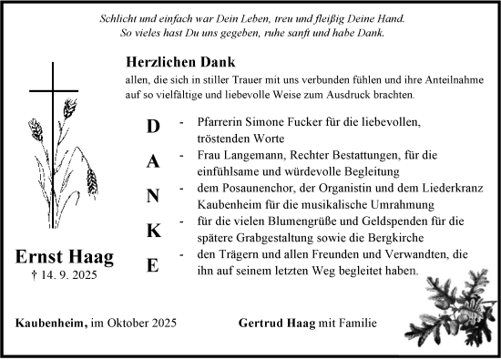 Traueranzeige von Ernst Haag von Neustadt/ Scheinfeld/ Uffenheim
