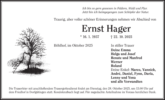 Traueranzeige von Ernst Hager von GE