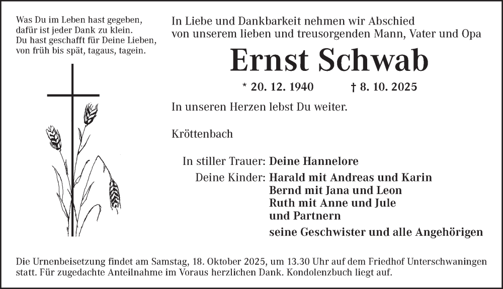  Traueranzeige für Ernst Schwab vom 17.10.2025 aus Dinkelsbühl/ Feuchtwangen