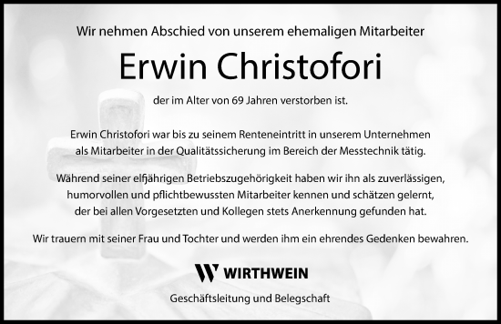 Traueranzeige von Erwin Christofori von Rothenburg
