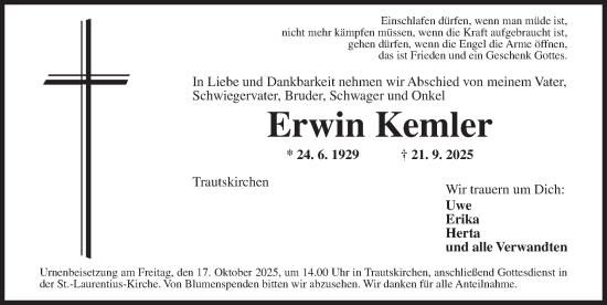Traueranzeige von Erwin Kemler von Neustadt/ Scheinfeld/ Uffenheim