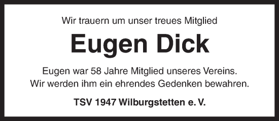 Traueranzeige von Eugen Dick von Dinkelsbühl/ Feuchtwangen