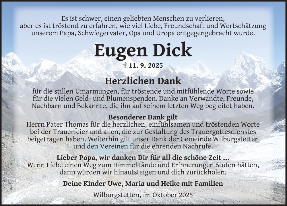  Traueranzeige für Eugen Dick vom 25.10.2025 aus Dinkelsbühl/ Feuchtwangen