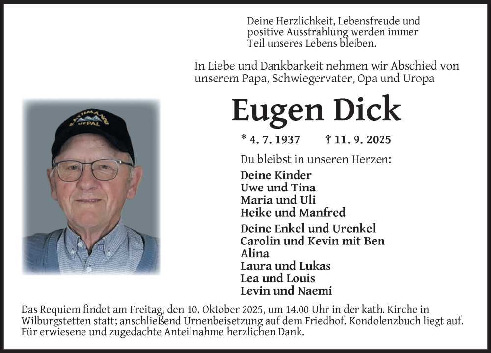  Traueranzeige für Eugen Dick vom 07.10.2025 aus Dinkelsbühl/ Feuchtwangen