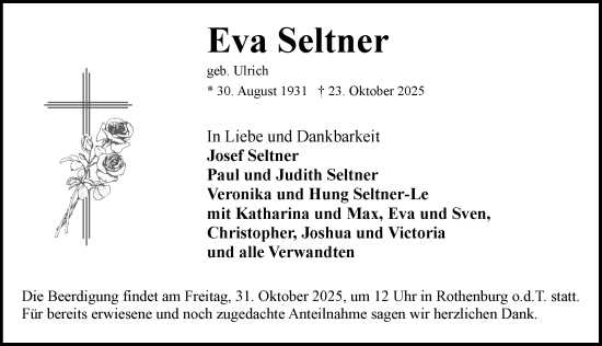 Traueranzeige von Eva Seltner von Rothenburg