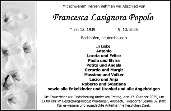 Traueranzeige von Francesca Lasignora  von Ansbach