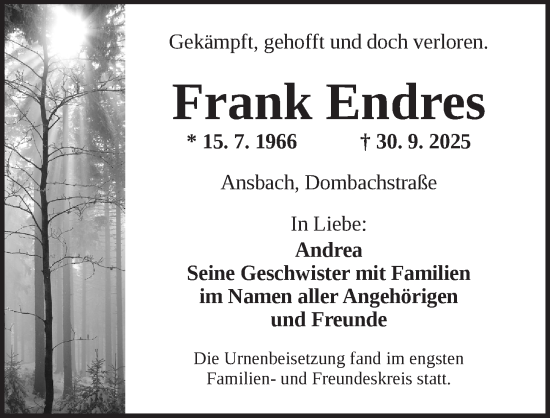 Traueranzeige von Frank Endres von Ansbach