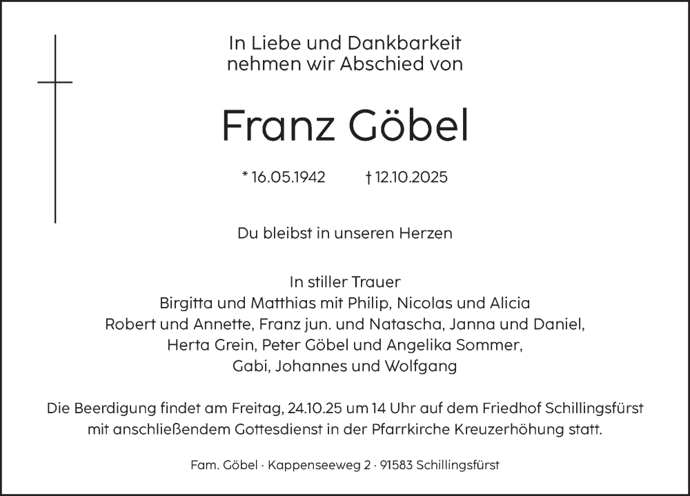  Traueranzeige für Franz Göbel vom 22.10.2025 aus Rothenburg