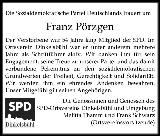 Traueranzeige von Franz Pörzgen von Dinkelsbühl/ Feuchtwangen