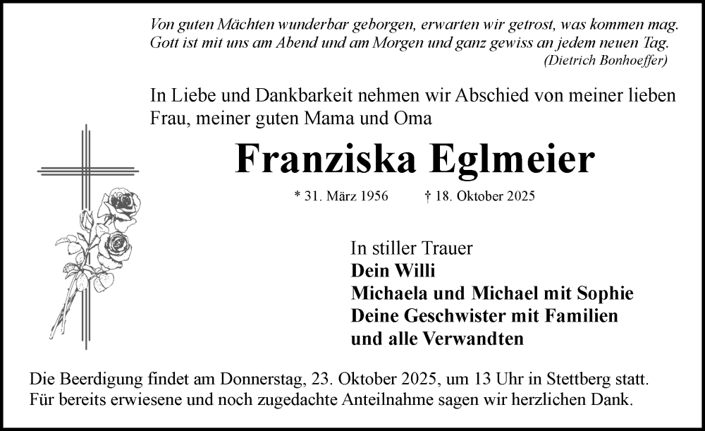  Traueranzeige für Franziska Eglmeier vom 21.10.2025 aus Rothenburg