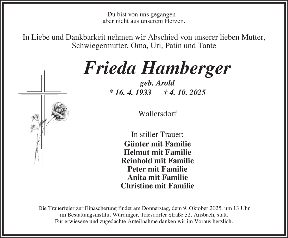  Traueranzeige für Frieda Hamberger vom 07.10.2025 aus Ansbach