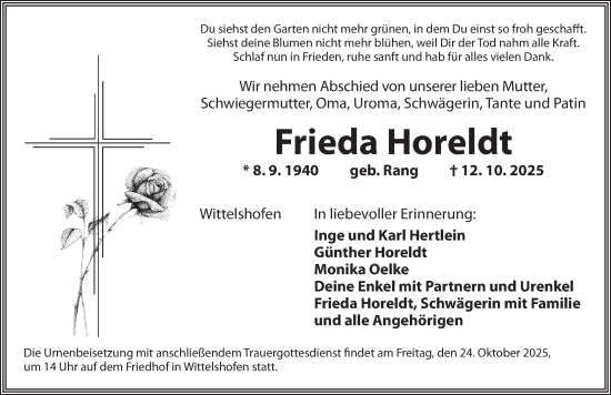 Traueranzeige von Frieda Horeldt von Dinkelsbühl/ Feuchtwangen