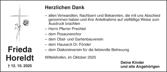 Traueranzeige von Frieda Horeldt von Dinkelsbühl/ Feuchtwangen