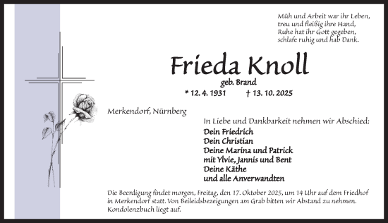 Traueranzeige von Frieda Knoll von Ansbach