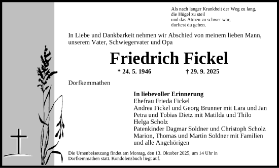 Traueranzeige von Friedrich Fickel von GE