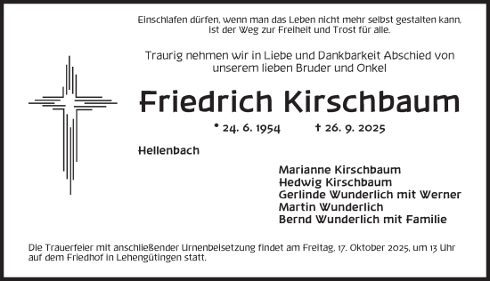 Traueranzeige von Friedrich Kirschbaum von Dinkelsbühl/ Feuchtwangen