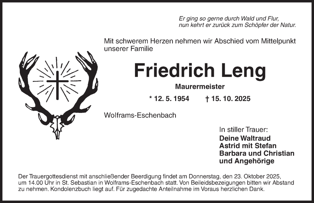  Traueranzeige für Friedrich Leng vom 21.10.2025 aus Ansbach