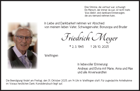 Traueranzeige von Friedrich Meyer von Dinkelsbühl/ Feuchtwangen