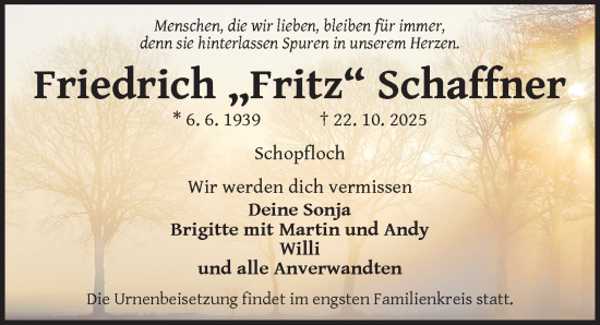Traueranzeige von Friedrich Schaffner von Dinkelsbühl/ Feuchtwangen