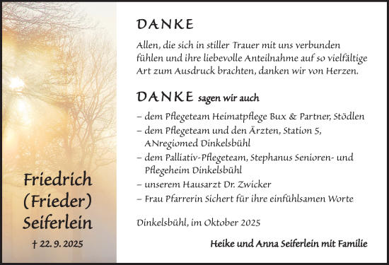 Traueranzeige von Friedrich Seiferlein von Dinkelsbühl/ Feuchtwangen