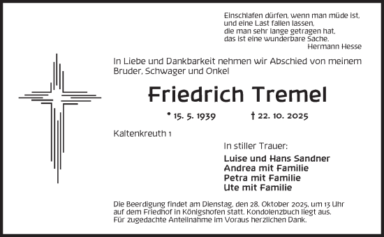 Traueranzeige von Friedrich Tremel von Dinkelsbühl/ Feuchtwangen
